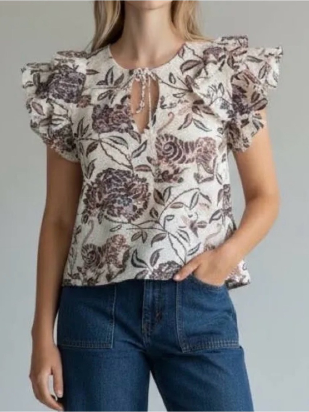 House of Harlow 1960 Cream Floral Ruffle Sleeve Keyhole Top